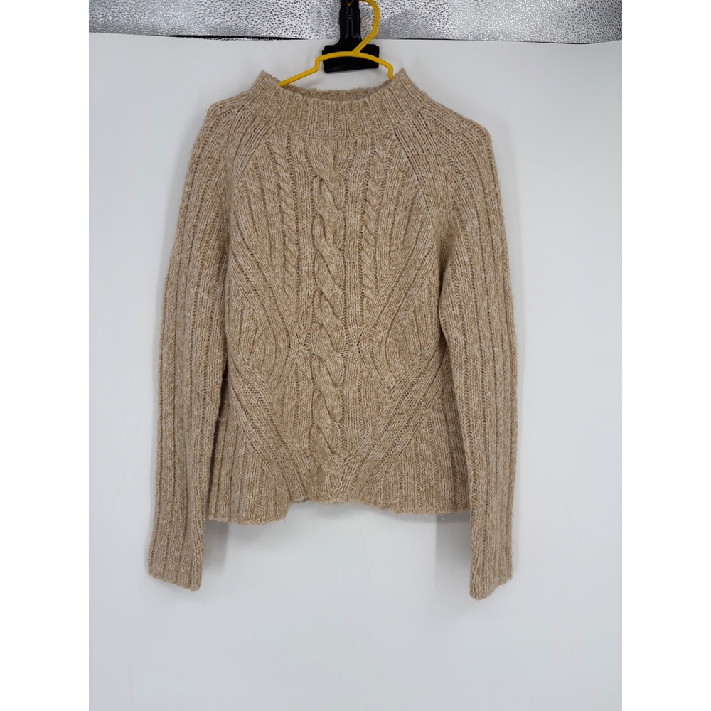 Tristan & Iseut Sweater Womens M Beige Cable Knit Wool Blend Mock Neck Pullover